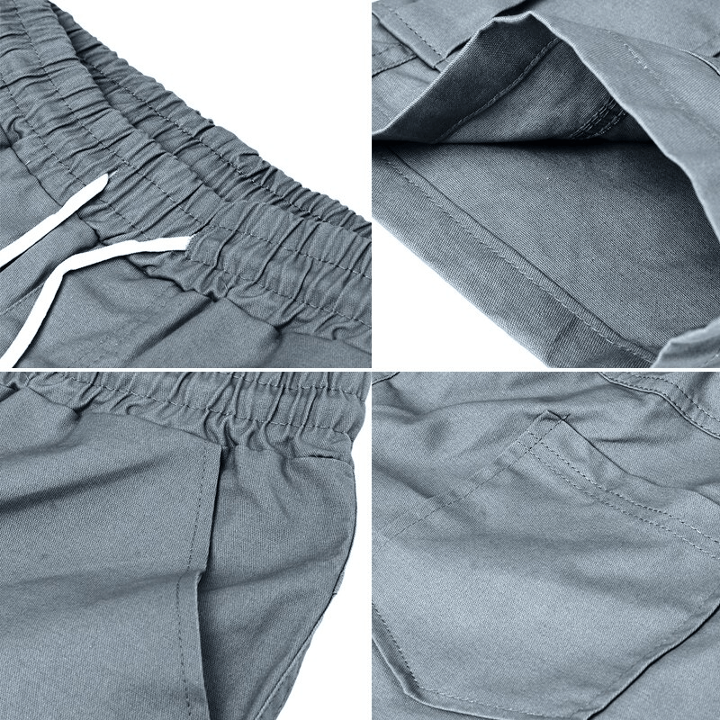 Men Casual Chino Cargo Shorts Elastic Waist Drawstring 6 Pockets