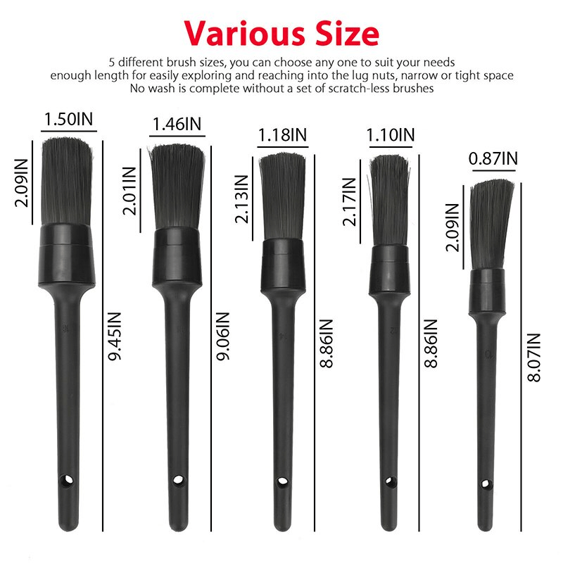 5PC Car Detailing Brush Kit Boar Hair Vehicle Auto Interior For Wheel