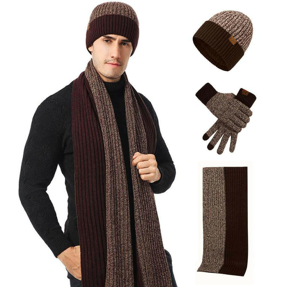 3Pcs Winter Scarf Hat Gloves Kit Beanie Hat & Long Scarf & Gloves Gift.