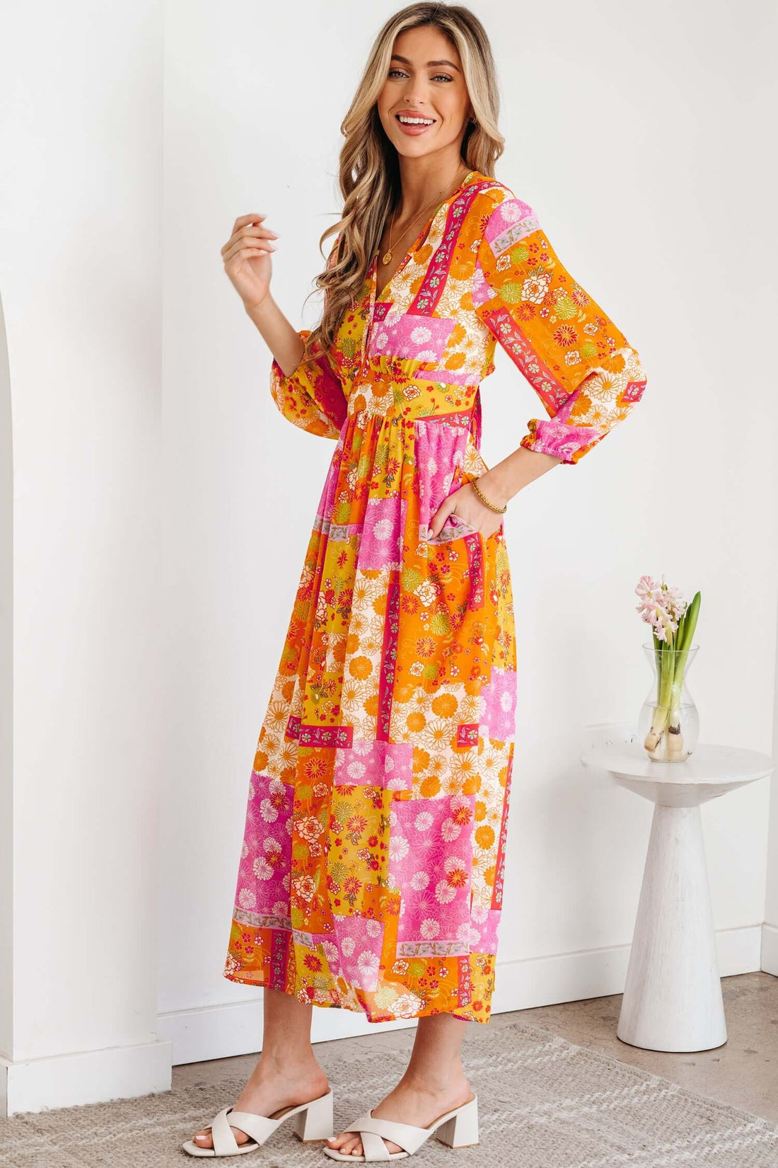 Floral Patchwork Cut-Out Tied Back Maxi Dress