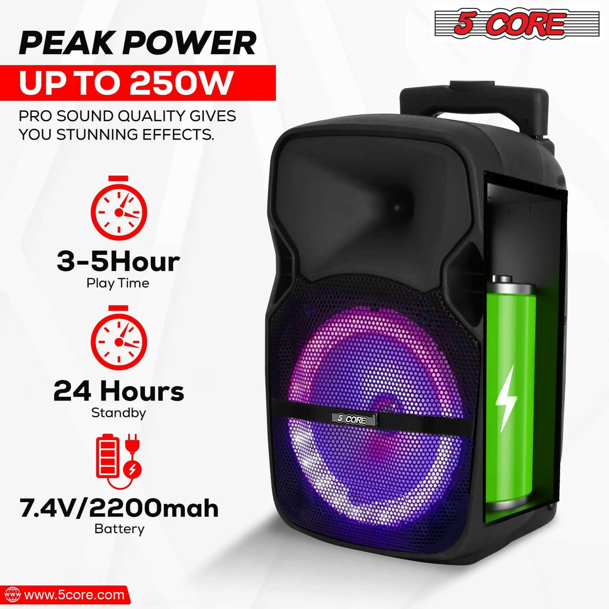 5Core Party Speaker Portable PA System 2 Wireless Mic Bluetooth Loud.