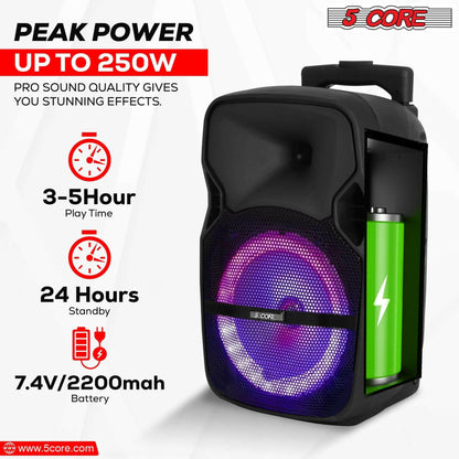 5Core Party Speaker Portable PA System 2 Wireless Mic Bluetooth Loud.