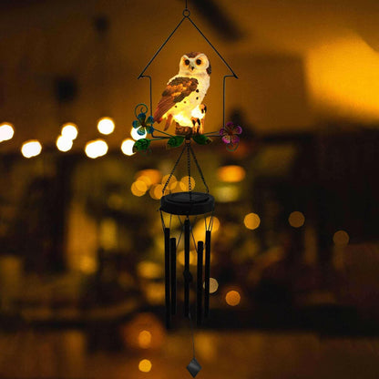 Solar Owl Wind Chime Light Outdoor LED Bird Sculpture Hanging Lamp.