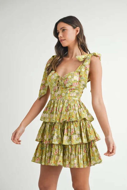 MABLE Floral Print Shoulder Tie Layered Mini Dress