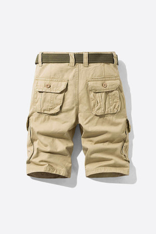 Button and Zip Closure Belted Cargo Shorts.