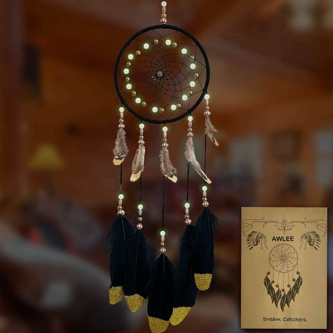 Black &amp; Gold Feather Dream Catcher with Luminous Beads