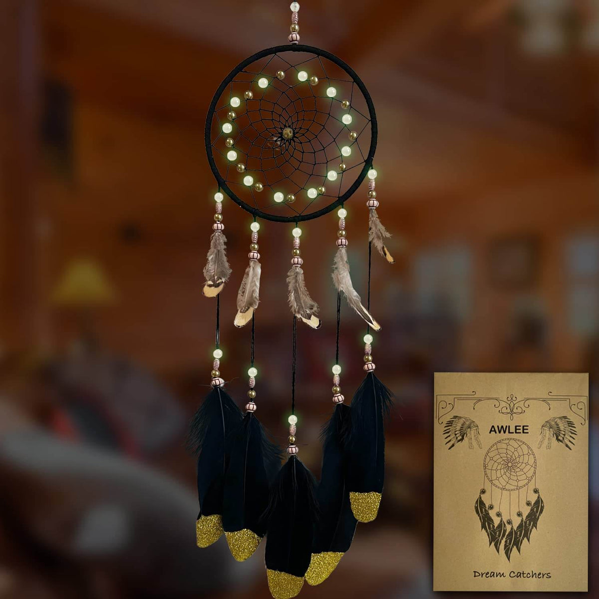 Black &amp; Gold Feather Dream Catcher with Luminous Beads