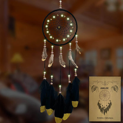Black &amp; Gold Feather Dream Catcher with Luminous Beads