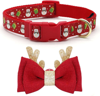azuza Christmas Snowman Dog Collar with Removable Antler Bowtie