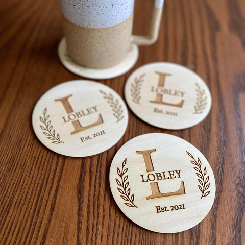 Engraved Monogram Wood Coaster Set.