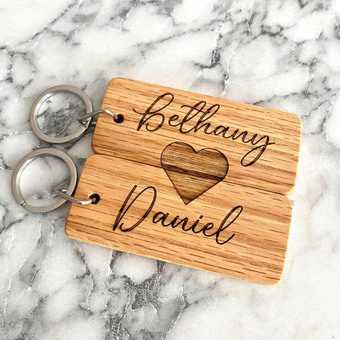 Couples Engraved Wood Keychain.