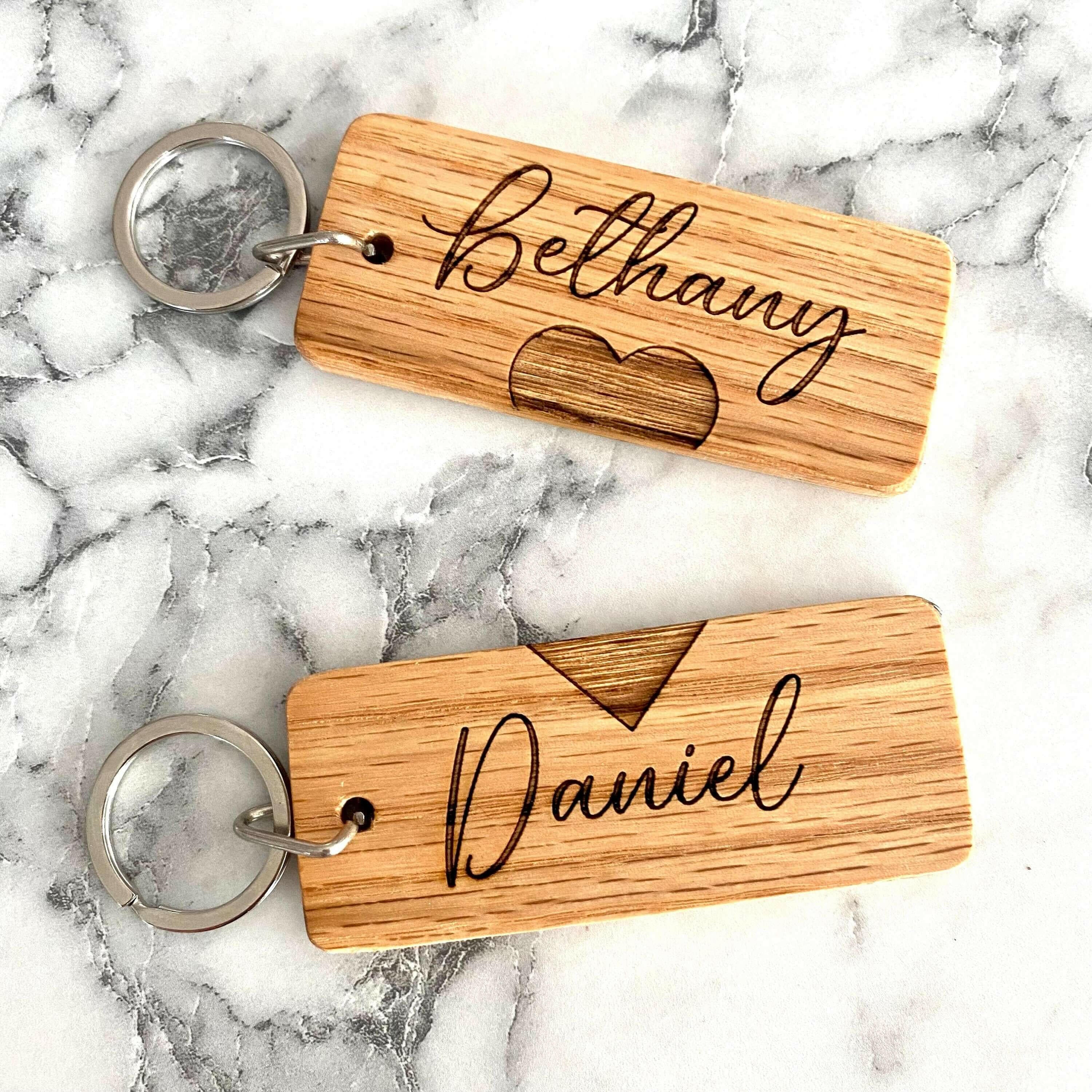 Couples Engraved Wood Keychain.