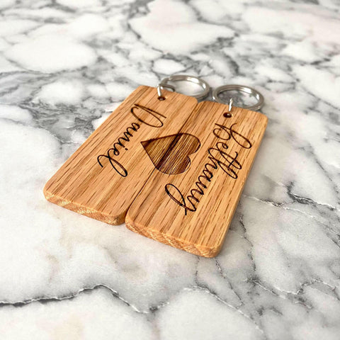 Couples Engraved Wood Keychain.