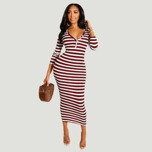 Sexy striped midi bodycon dress Women autumn winter female.