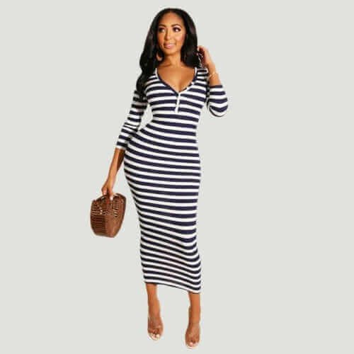 Sexy striped midi bodycon dress Women autumn winter female.