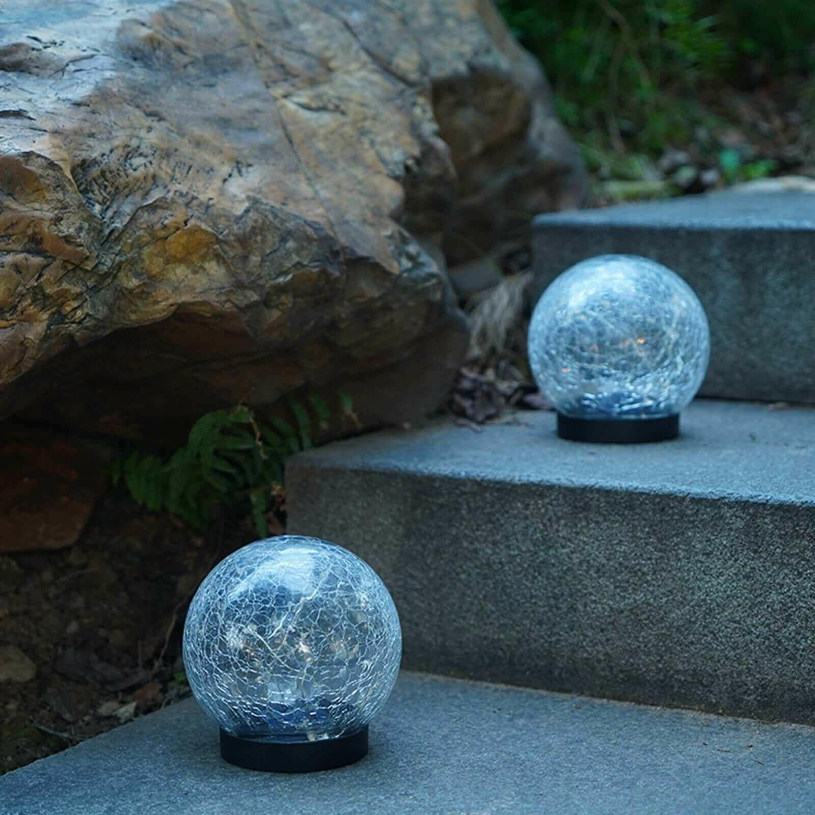 2Pcs Solar Lights Outdoor Garden Decor Cracked Glass Ball Warm Lights.