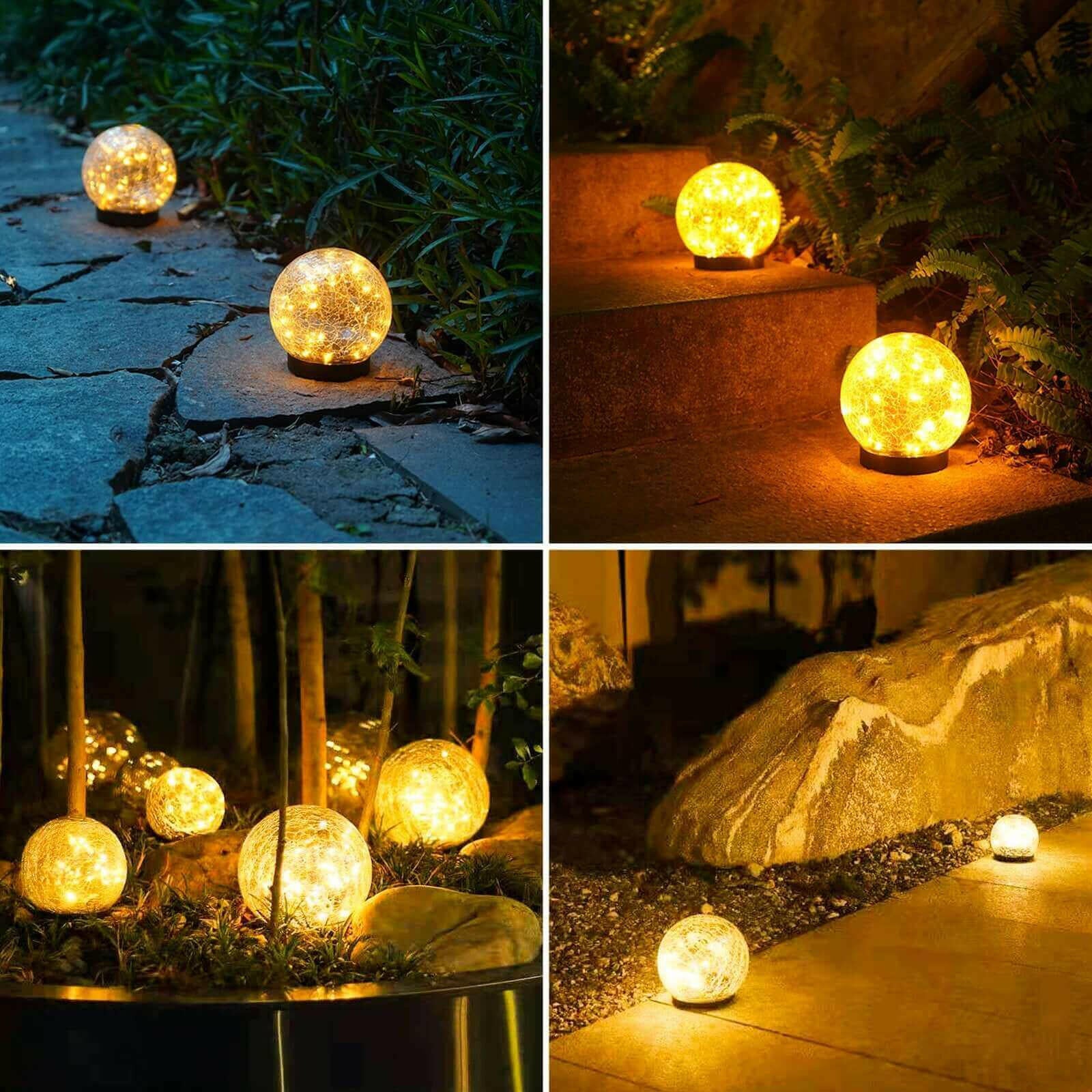 2Pcs Solar Lights Outdoor Garden Decor Cracked Glass Ball Warm Lights.