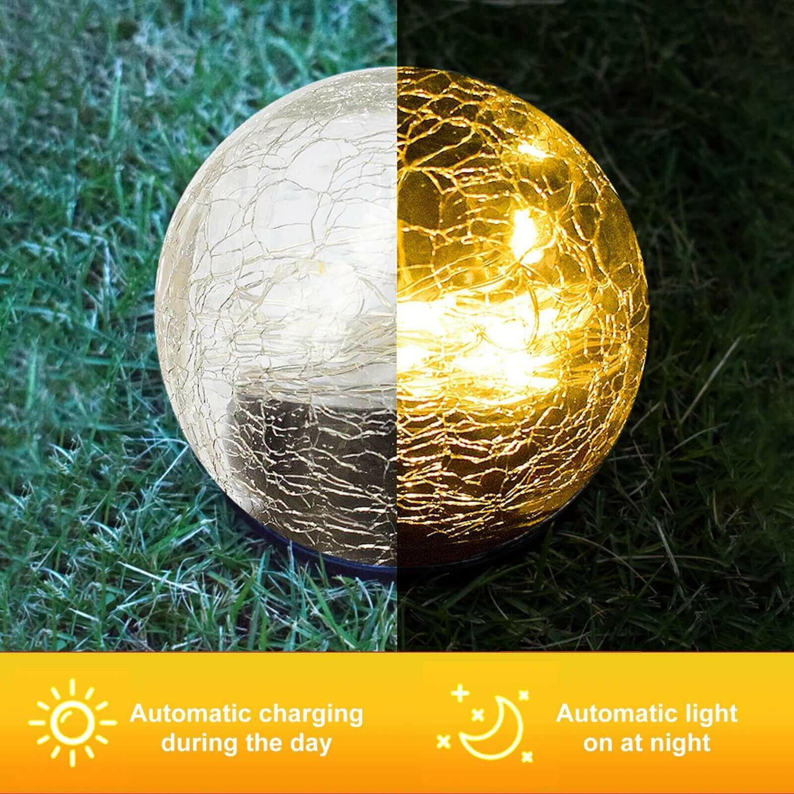 2Pcs Solar Lights Outdoor Garden Decor Cracked Glass Ball Warm Lights.