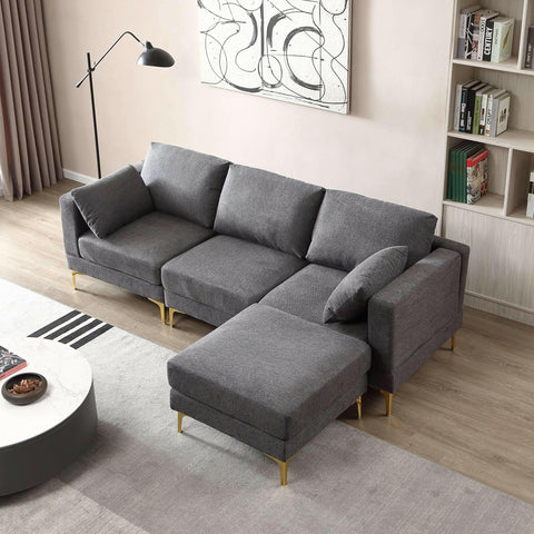 Living Room Furniture Modern Leisure L Shape Couch Dark Grey Fabric.