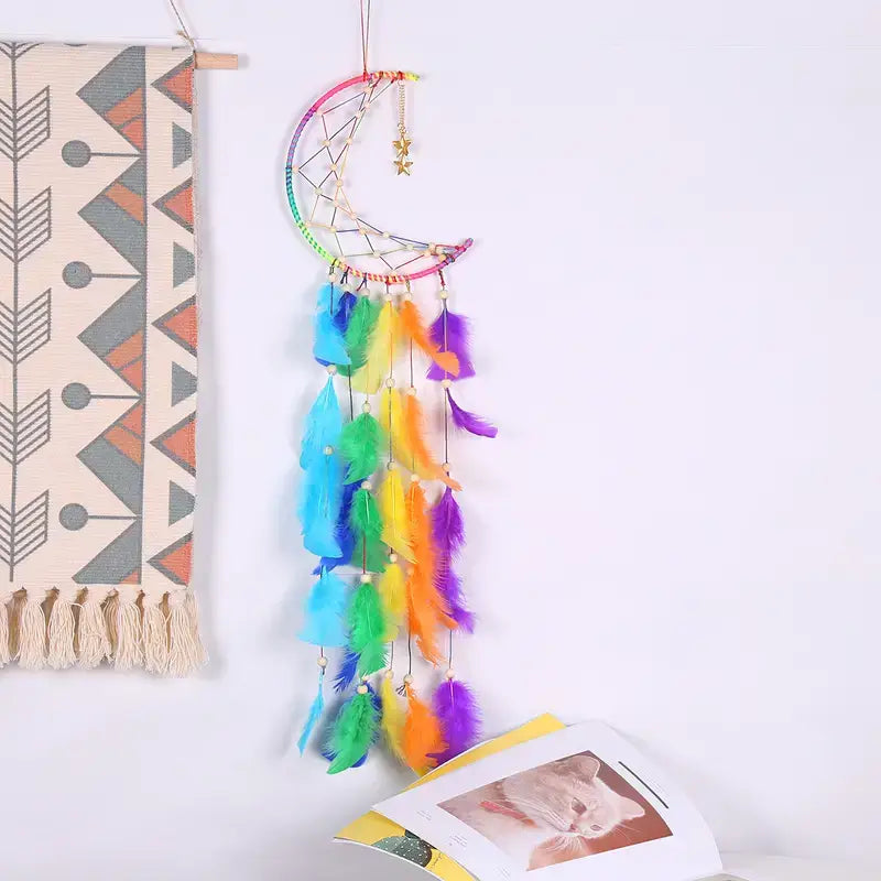 Colorful Moon &amp; Star Dream Catcher with Faux Feathers