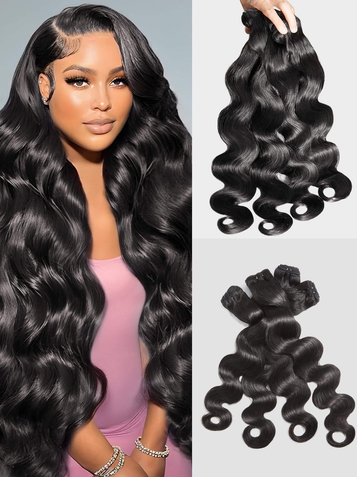 Body Wave Human Hair Bundles – 20, 22, 24 &amp; 26 Inches, Natural Black