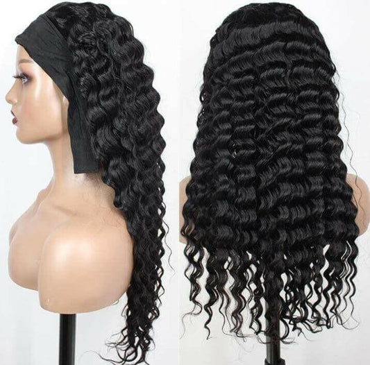 Headband Wig Loose Deep Wave Human Hair Scarf Wig No GLUE Easy Wear.