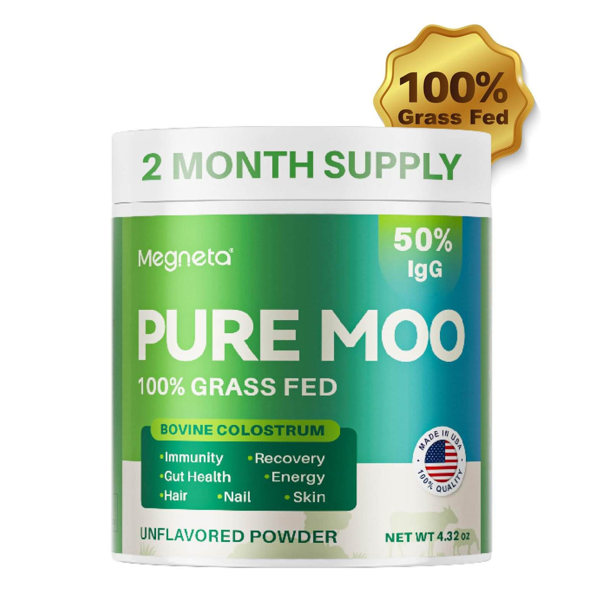 PURE MOO Unflavored Bovine Colostrum Powder, 50 Servings