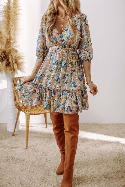 Floral 3/4 Sleeve V-Neck High Waist Ruffle Dress