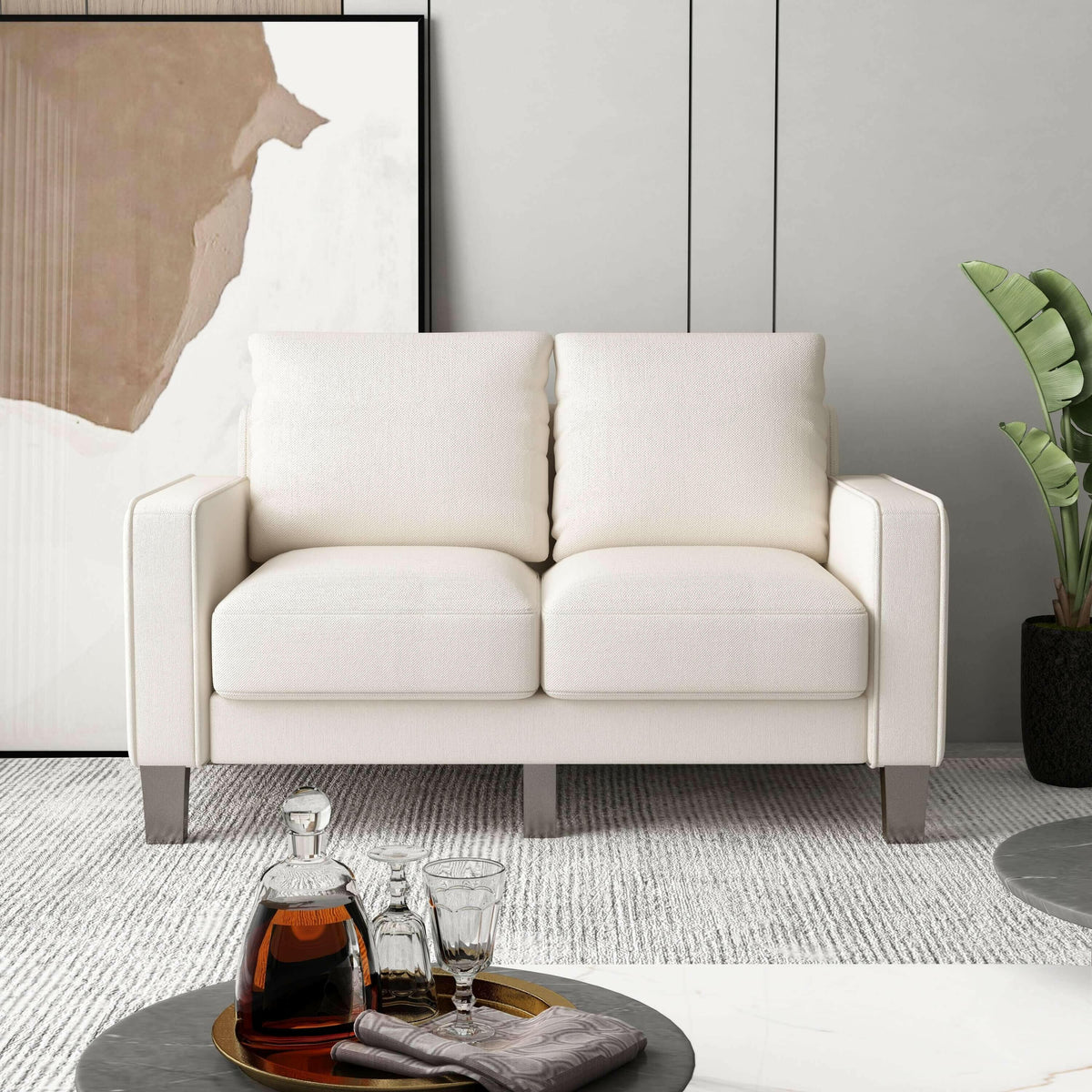 Modern Living Room Furniture Loveseat in Beige Fabric.