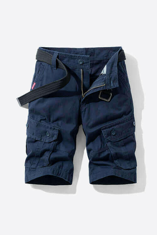 Button and Zip Closure Belted Cargo Shorts.