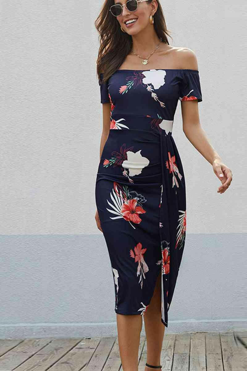 Navy Red Floral Print Short Sleeve Off Shoulder Midi Dress.