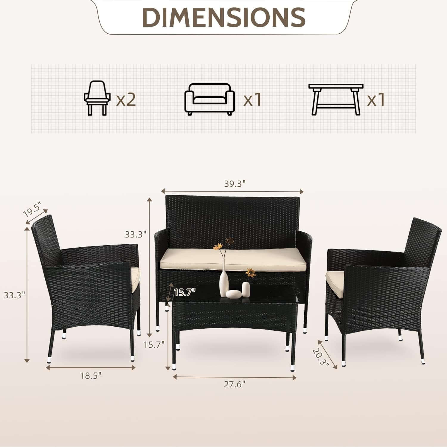 Outdoor Rattan 4 Piece Patio Furniture Conversation Set