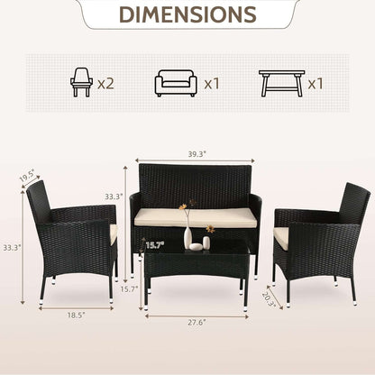 Outdoor Rattan 4 Piece Patio Furniture Conversation Set