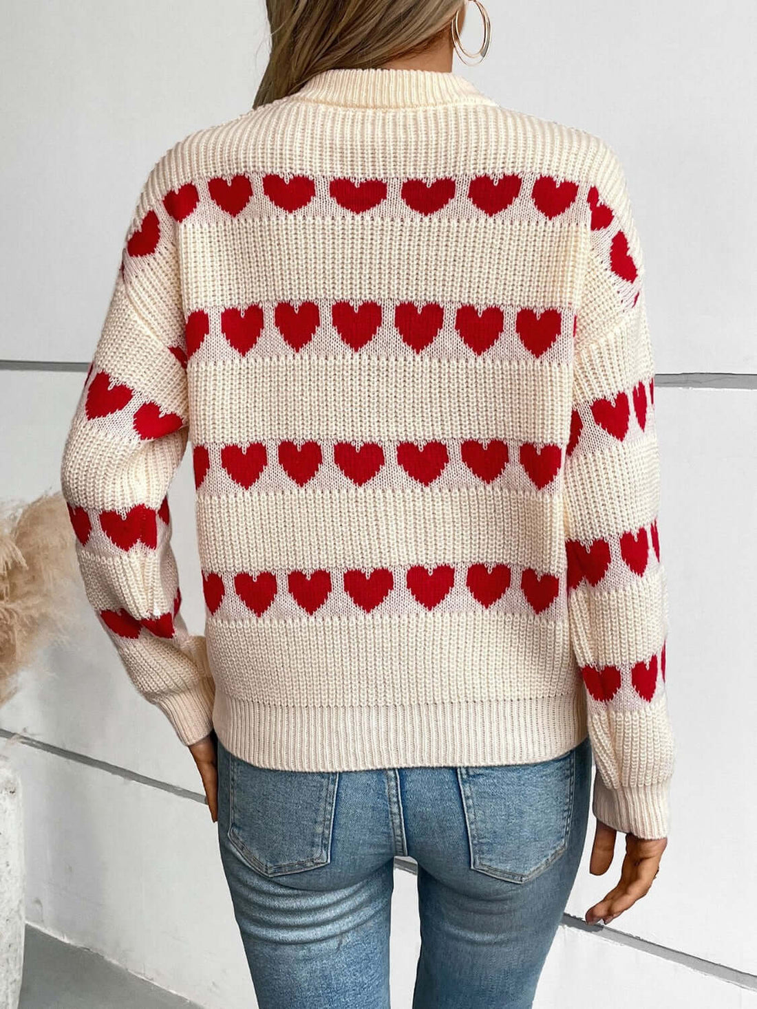 Heart Round Neck Dropped Shoulder Sweater