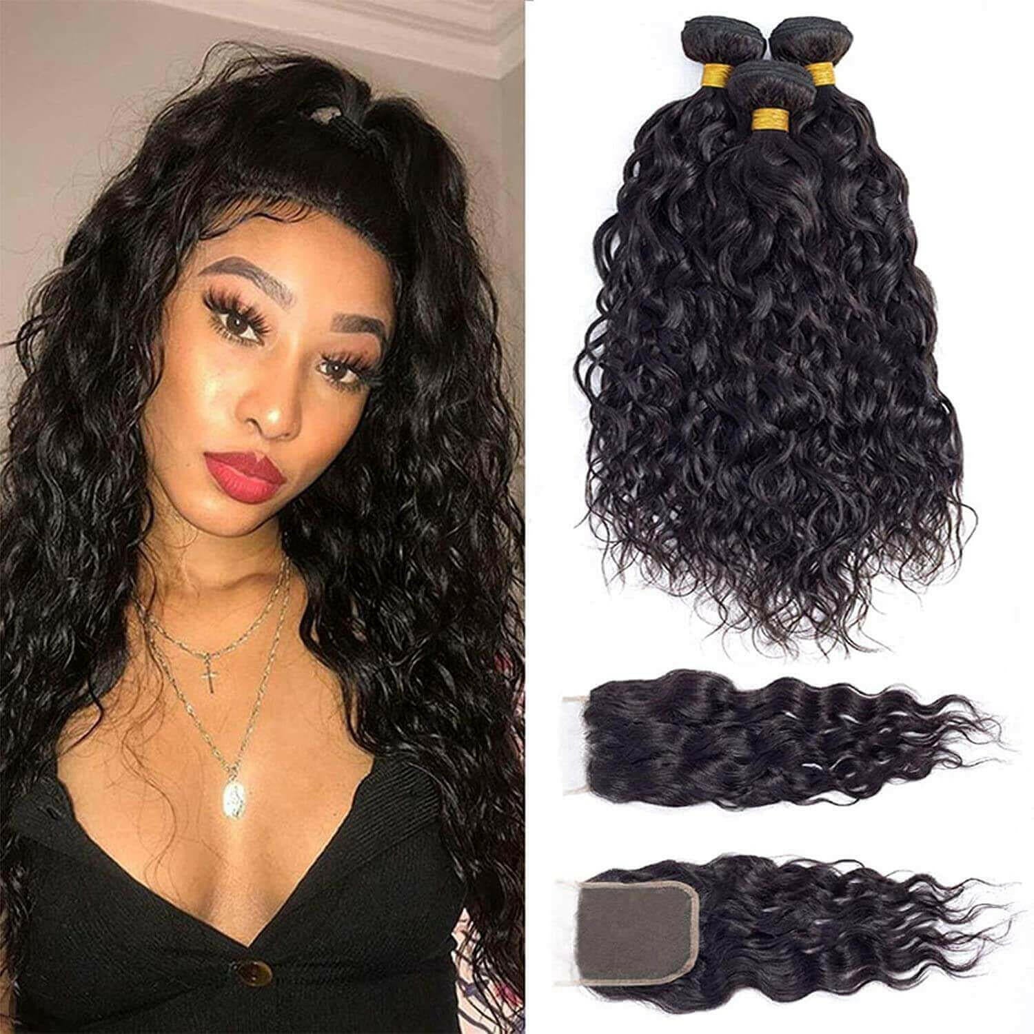 10A Grade 3/4 Water Wave Human Hair bundles with 4x4 Closures &amp; 13x4