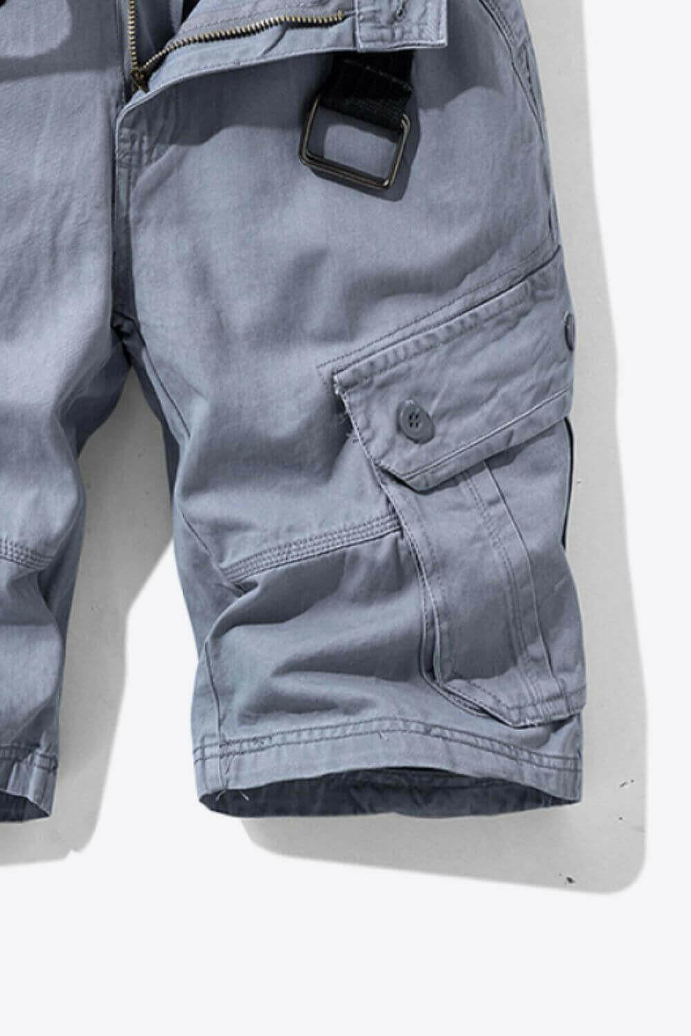 Button and Zip Closure Belted Cargo Shorts.