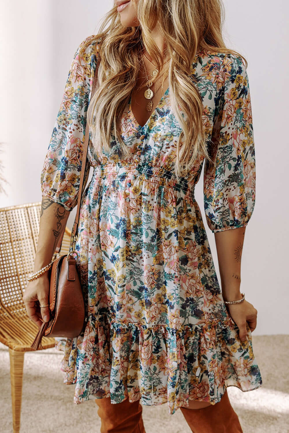 Floral 3/4 Sleeve V-Neck High Waist Ruffle Dress