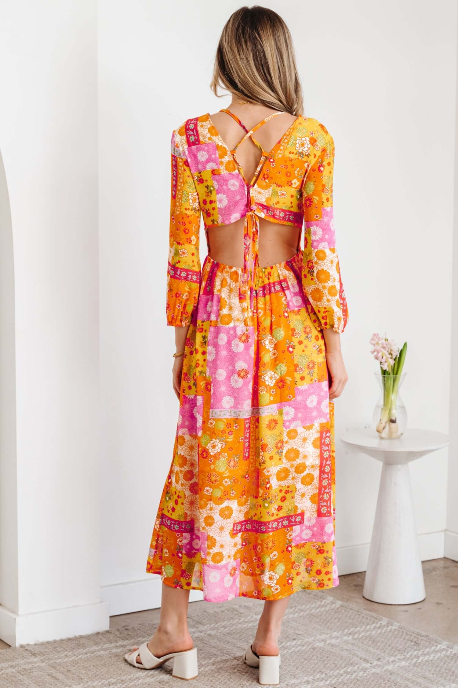 Floral Patchwork Cut-Out Tied Back Maxi Dress