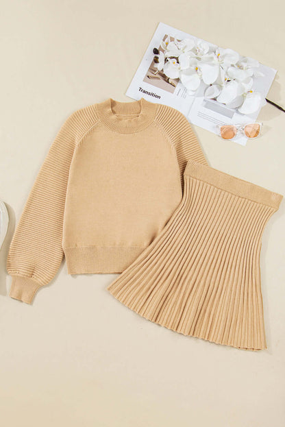 Solid High Neck Sweater and Pleated Mini Skirt Set