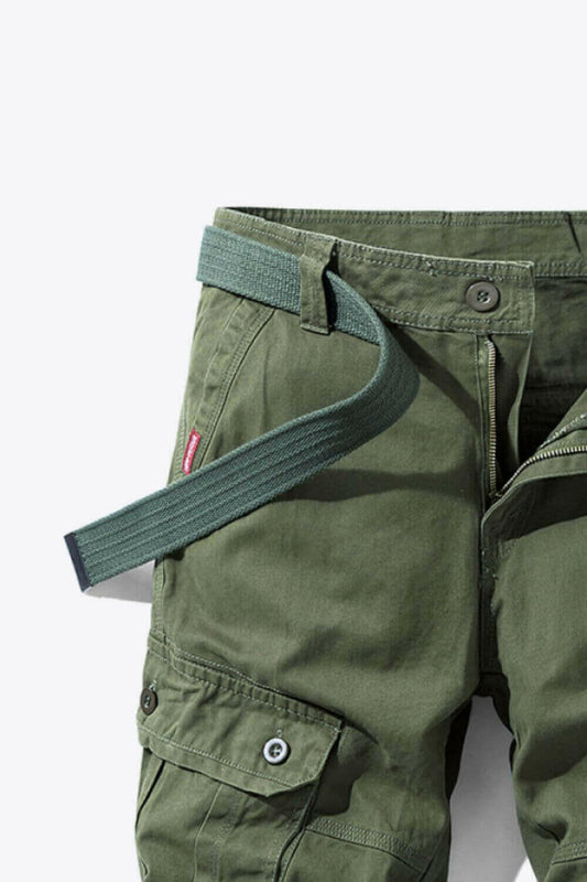 Button and Zip Closure Belted Cargo Shorts.