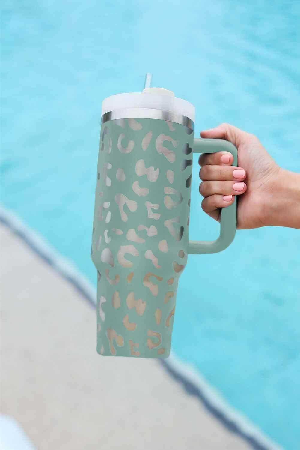 White Leopard Print 40OZ Stainless Steel Portable Cup with Handle.