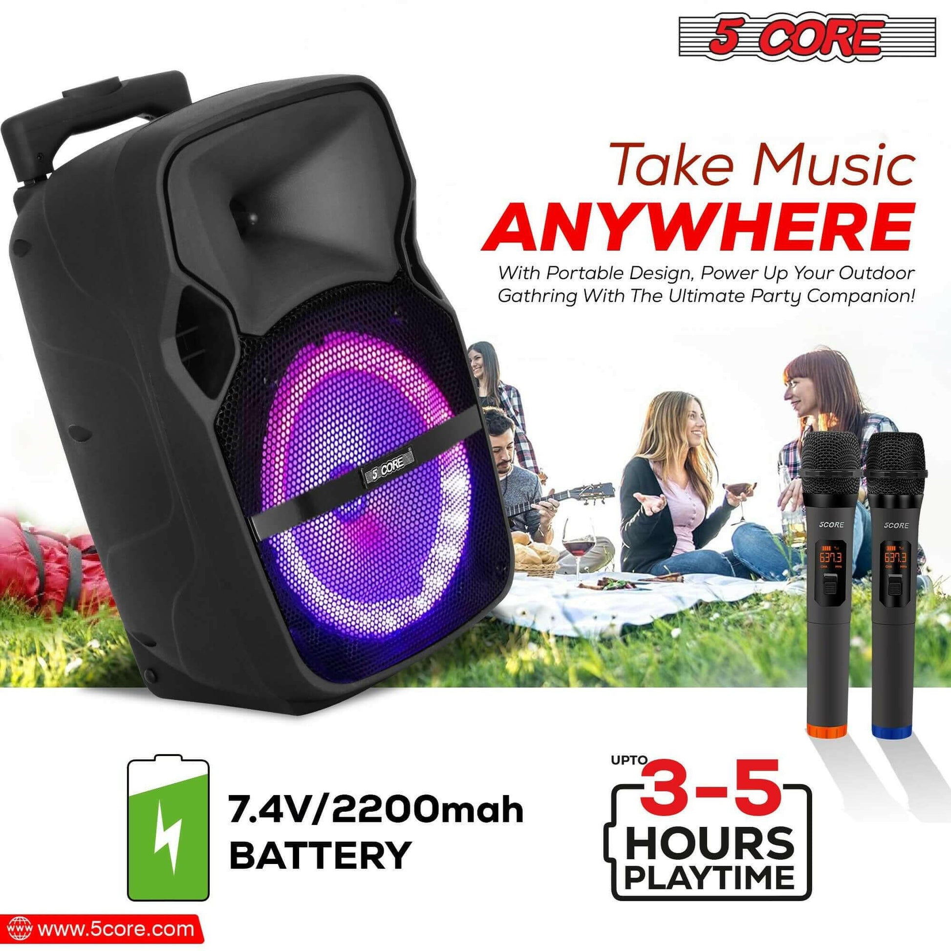 5Core Party Speaker Portable PA System 2 Wireless Mic Bluetooth Loud.