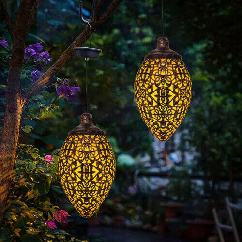 2Pcs Solar LED Hanging Lantern Lights Metal Garden Patio Decor Lights.