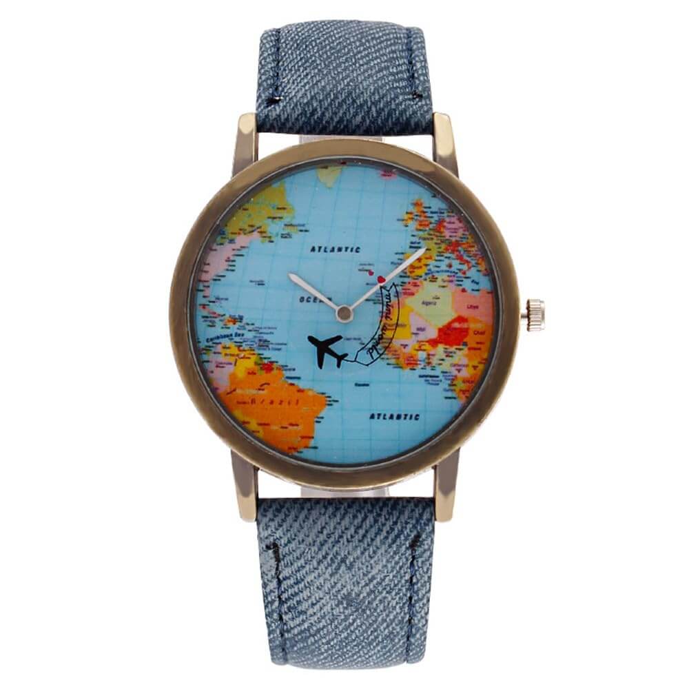 MINILUJIA World Map Watch with Moving Airplane - Blue Band