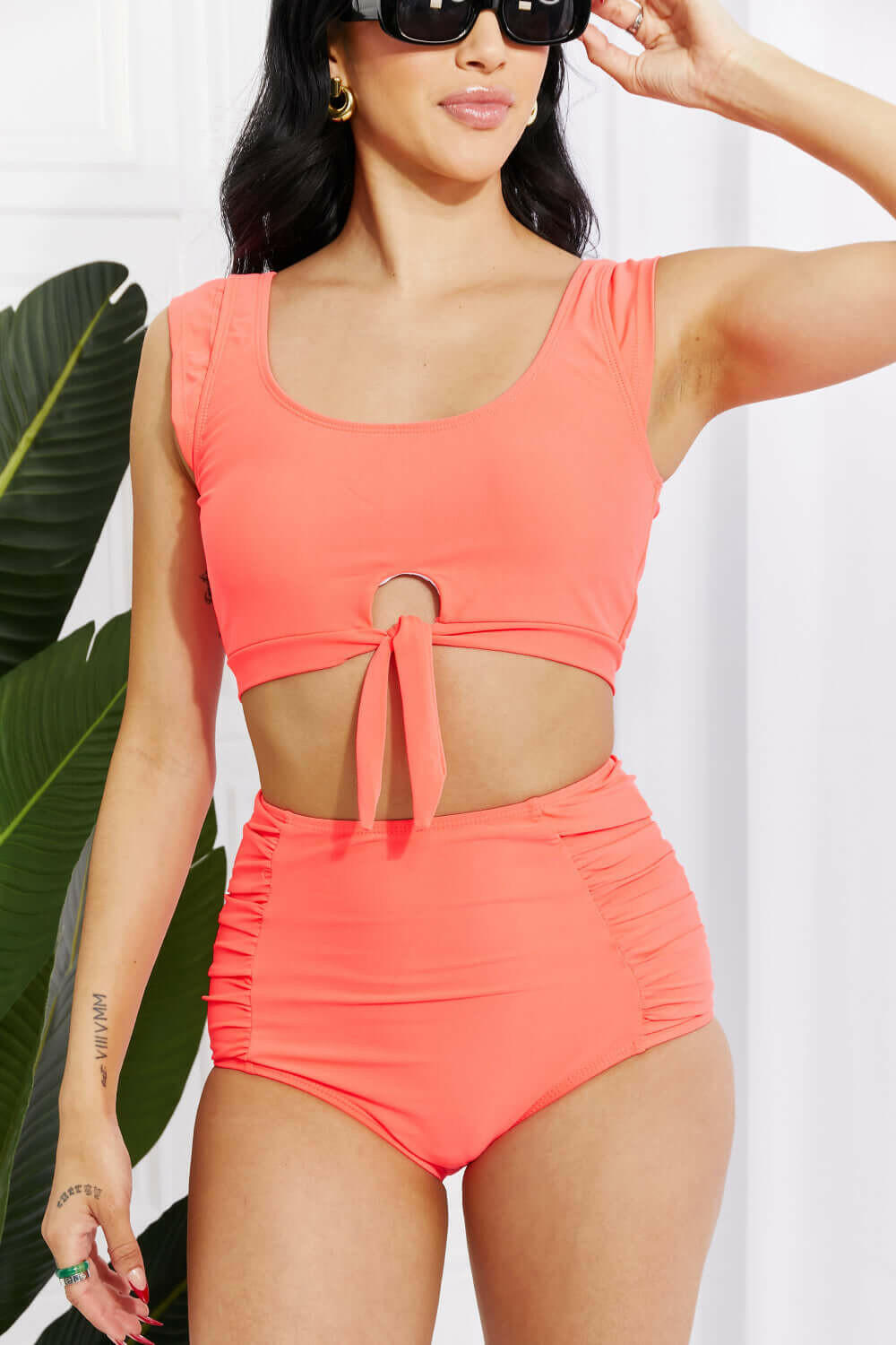 Marina West Swim Sanibel Crop Swim Top and Ruched Bottoms Set in Coral.