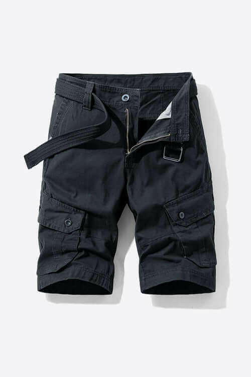 Button and Zip Closure Belted Cargo Shorts.