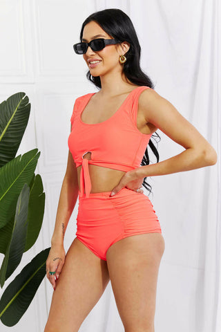 Marina West Swim Sanibel Crop Swim Top and Ruched Bottoms Set in Coral.