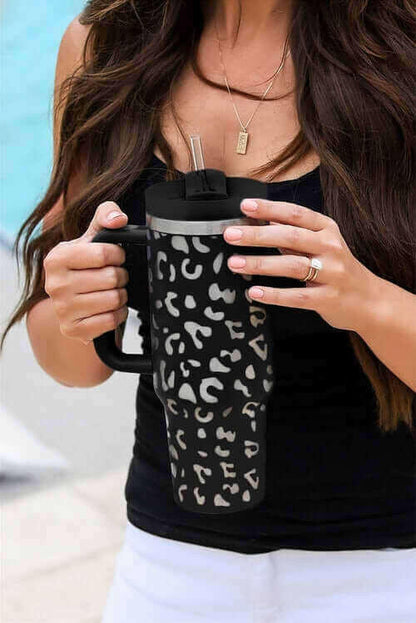 White Leopard Print 40OZ Stainless Steel Portable Cup with Handle.