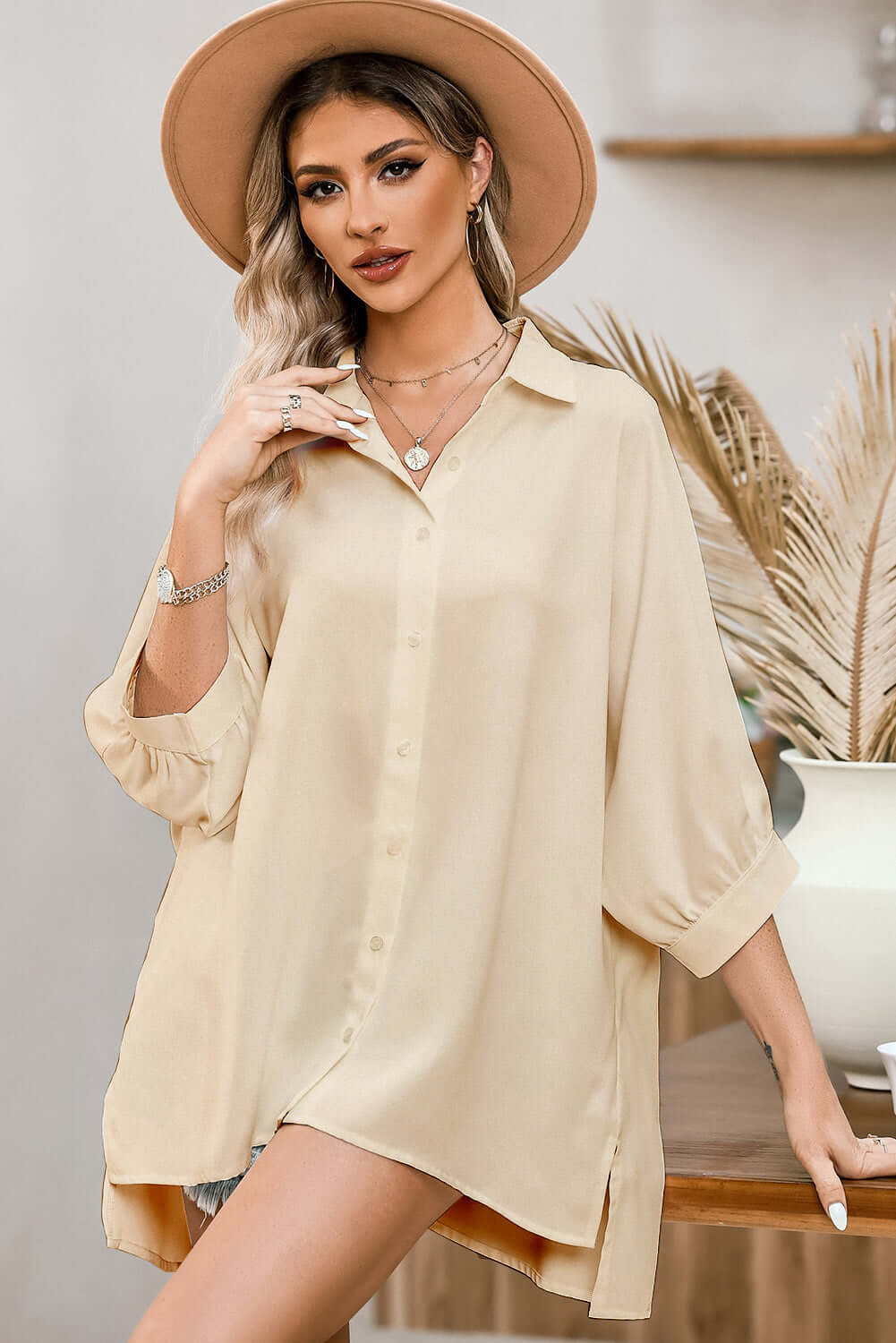 Solid 3/4 Puff Sleeve Oversize Shirt