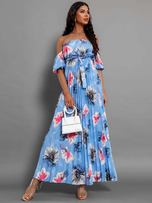 Pleated Floral Off-Shoulder Short Sleeve Midi Dress.